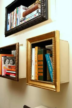 two framed bookshelves are hanging on the wall