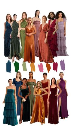 women in different colored dresses posing for the camera