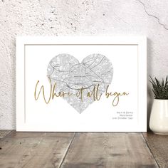 a white framed map with the words where it all is in gold foil on top