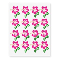 pink flowers on white paper with green leaves in the middle and red centers, set against a white background