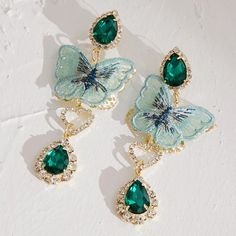 Embroidery Green Crystal Butterfly Earrings Waterdrop Crystal Earrings Zircon Crystal Stone Quality: Aaa+ Unique Design Statement Earrings Heart Earrings Bundle & Save Fast Shipping Offers Welcome Posh Ambassador Over 300 Love Notes Please Look At My Other Beautiful Jewelry Makeup Hairband, Embroidery Green, Embroidery Butterfly, Fancy Accessories, Green Charms, Green Embroidery, Steampunk Accessories, Crystal Butterfly, Earrings Heart