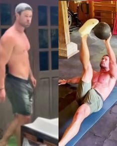 two men are doing different exercises on the same bench