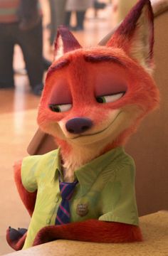 an animated fox wearing a green shirt and tie sitting at a table with people in the background