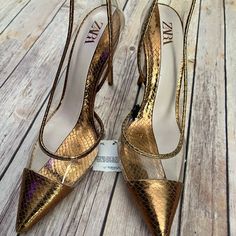 Zara Clear & Bronze Heels 4 Inch Heel Heels 4 Inch, Bronze Heels, Shoes Woman, 4 Inch Heels, Zara Shoes, Lace Up Flat, 4 Inch, Zara, Women Shoes