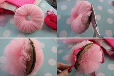 there are pictures of how to make a pink feathered headband with ribbon and scissors