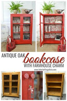 an antique oak bookcase with farmhouse charm painted in red and white, is shown