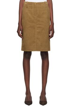 Nothing Written: Beige H-Line Midi Skirt | SSENSE Nothing Written, Buy Nothing, Designer Skirts, Fly Logo, Skirt Belt, Skirts For Women, Corduroy Skirt, Skirt Design, Patch Logo