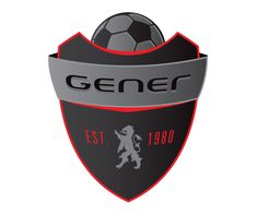 a soccer ball sitting on top of a black and red shield with the word gener