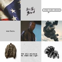 a collage of images with words and pictures on them, including an american flag