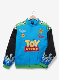 Race to the Disney Parks in style with this Toy Story racing jacket! Featuring the film's title across the front  this jacket also includes embroidered "Pizza Planet" lettering  Woody's sheriff badge  the Pixar ball  and Buzz Lightyear details. With "Pixar" lettering on the shoulders  wave patches on the sleeve  and a portrait of Woody and RC on the back  this jacket is perfect for fans of the film.A BoxLunch Exclusive!Outer shell: 100% cotton twillLining: 100% polyester Listed in unisex si Toy Story Gifts, Toy Story Woody, Disney Jacket, Scooby Doo Mystery, Woody Toy Story, Racing Jacket, Pixar Toys, Disney Pixar Cars, Pixar Cars