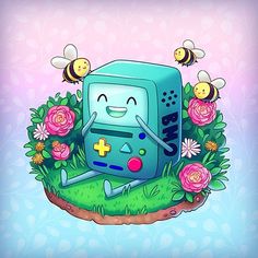 an image of a cartoon game console surrounded by flowers and bees on a blue background