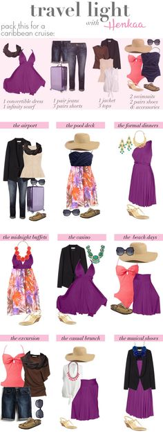 the travel light guide is shown in purple and pink colors, including clothes, hats, luggage