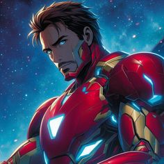 iron man standing in front of the stars with his hands on his hips and looking at something