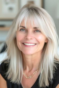 Straight Medium-Length Layers With Wispy Bangs Haircut on smiling woman with light blonde hair. Light Bangs Haircut, Wispy Bangs Haircut, Layers With Wispy Bangs, Medium Length With Bangs, Bangs Layers, Shag Hair, Bangs Haircut, Light Bangs, Mid Length Layered Haircuts