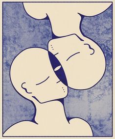 an image of two people kissing each other in blue and white art print on paper