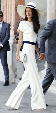 Amal Alamuddin Style, Amal Alamuddin, Amal Clooney, Stylish Couple, Jumpsuit Outfit, George Clooney, Wide Brimmed Hats