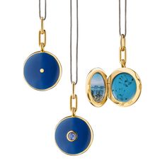 What's your story? Tell it in color. Give your story style with our Navy Enamel Gold Vermeil Round Locket with a center blue sapphire. Perfect on its own or layered with your other favorite pieces. Locket holds two images. Your stories are important, let our 18k gold vermeil locket help you tell them. Fill your locket with The Locket Bar®. 18K Yellow Gold Vermeil Over Sterling Silver 17" Black Steel Chain, with a loop at 16" for adjustability and a complimentary 18" Grey Cord to create a second Luxury Blue Locket Jewelry, Luxury Blue Locket Necklace, Luxury Blue Medallion Jewelry, Monica Rich Kosann, 17 Black, Round Locket, Gold Enamel, Black Steel, Steel Chain