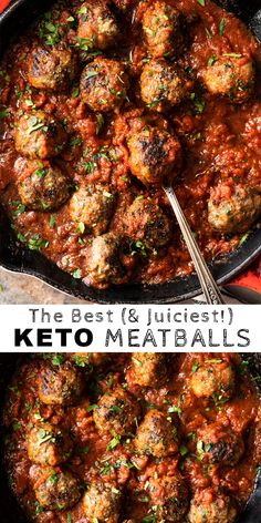 the best and juicyest keto meatballs in a skillet with spoons