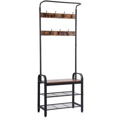 an iron and wood coat rack with two shelves