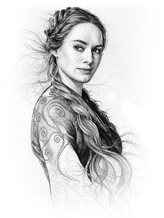 a pencil drawing of a woman with long hair and tattoos on her arm, looking at the camera