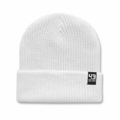 The Knik White Beanie. Custom 100% acrylic knit beanie with a custom 49th logo woven label. Cheap White Cotton Beanie, Cheap White Beanie, One Size Fits Most, Cheap White Beanie For Streetwear, Cheap Cute White Beanie, Cheap White One-size Beanie, Cute White Cheap Beanie, White Beanie, White Beanies, Woven Label