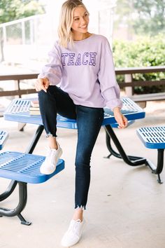 This sweatshirt is for all you teachers out there! You work hard molding the minds of all our little ones! Which is why we think at the very least, we could help keep you cozy and warm this school year! This sweatshirt with its cute embroidery is perfect for keeping in your classroom for when you get chilly or any time you want to feel comfy but cute! This sweatshirt features a crew neckline, long sleeves, a corded fabric, and cute embroidery. Material has a generous amount of stretch.Cam is wea Purple Crew Neck Sweatshirt For Spring, Spring Purple Hoodie With Crew Neck, Casual Lavender Crew Neck Sweatshirt, Lavender Cotton Crew Neck Sweatshirt, Lilac Sweatshirt, Mint Julep Boutique, Cute Embroidery, Teacher Outfits, Embroidered Sweatshirts