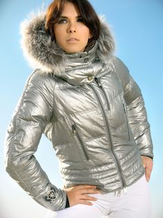 Stunning silver designer ski jacket with fur.  #ski #jacket #aspen Skiwear Women, Designer Ski Wear, Silver Jacket, Jacket With Fur, Designer Jacket, Snow Outfit, Full Body Suit, Jacket Brands, Winter Coats Women