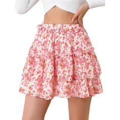 Simple and cute, this skirt is complete with a floral print, a layered ruffle hem, and an elastic high waist. Enchanting blooms sweeten this mini skirt. A romantic look in spring and a fresh look in summer. Add a completely cute and unique vibe to your look with this floral mini-skirt. This skirt is suitable for going to the beach, which is unique and cool and can attract people’s attention. Perfect to pair it with sandals or high heels for a sweet look. Mini Skirt Pink, Cherry Print Dress, Wide Leg Romper, Going To The Beach, A Line Mini Skirt, Uk Clothing, Floral Mini Skirt, Mini Short, Pink Skirt