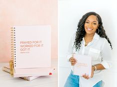 a woman holding a notepad next to a notebook with the words, praying for it worked for it got it