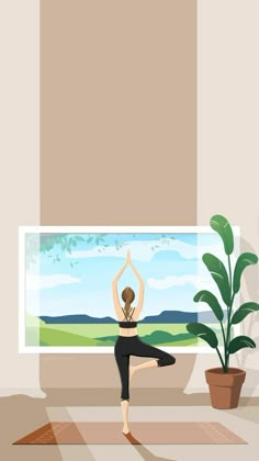 a woman is doing yoga in front of a window with a potted plant on the side