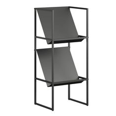 a black metal shelf with two shelves on it's sides and one section open