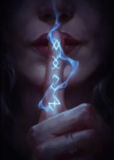 a woman is holding her hand up to her mouth with the word lightning written on it