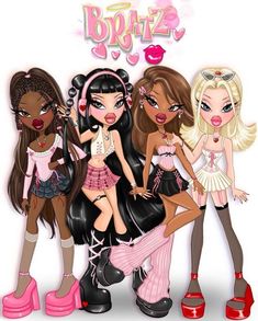 three cartoon girls are standing next to each other in front of a white background with the words bratz on it