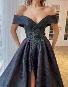 Purple And Green Prom Dress, Dark Purple Gown Elegant, Brocade Fabric Dresses, Dark Purple Wedding Dress, Dark Fantasy Gown, Dark Fantasy Dress, Teuta Matoshi Gown, Purple And Green Dress, Dark Purple Gown