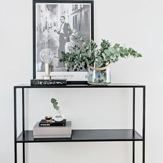 a black shelf with books and plants on it