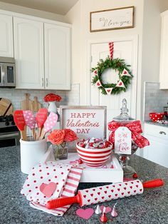 valentine's day decorations on the kitchen counter