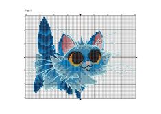 a blue cat with big eyes on it's face is shown in the cross stitch pattern