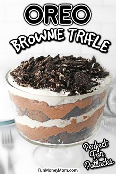 an oreo brownie trifle in a glass dish