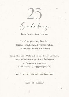 a white wedding card with the number twenty five on it's front and back