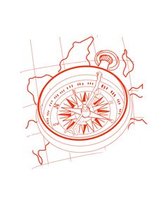 a red and white drawing of a compass