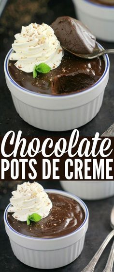 chocolate pots de creme with whipped cream on top