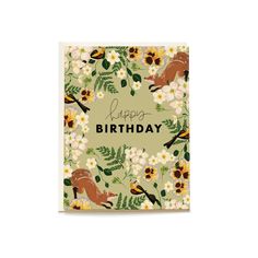 a happy birthday card with flowers and birds