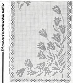 a cross stitch pattern with flowers and leaves on the border, in grey colors is shown