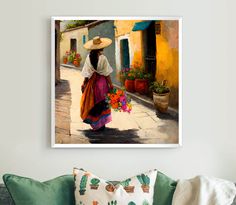 a painting of a woman walking down the street with flowers in her hand and a large hat on her head