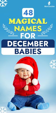 a baby wearing a santa hat and sitting on the ground with snowflakes around it