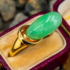 This unique vintage ring is crafted of 14k yellow gold and features a jade cabochon. Unique Rings Vintage, Cabochon Ring, Jade Ring, August Birth Stone, Vintage Ring, High Quality Jewelry, Estate Jewelry, Unique Vintage, Vintage Rings