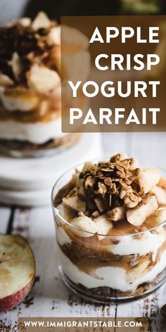 an apple crisp yogurt parfait in a glass dish