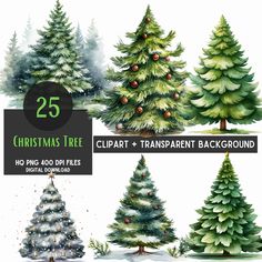 watercolor christmas trees clipart and transparent background