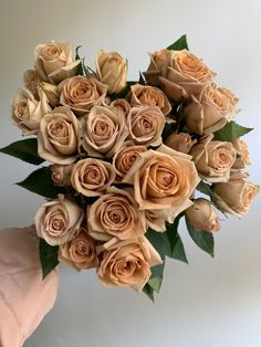 a hand holding a bouquet of peach colored roses