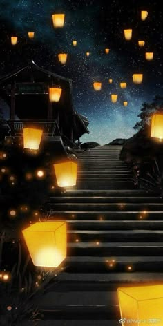 stairs lit up with lanterns in the night sky